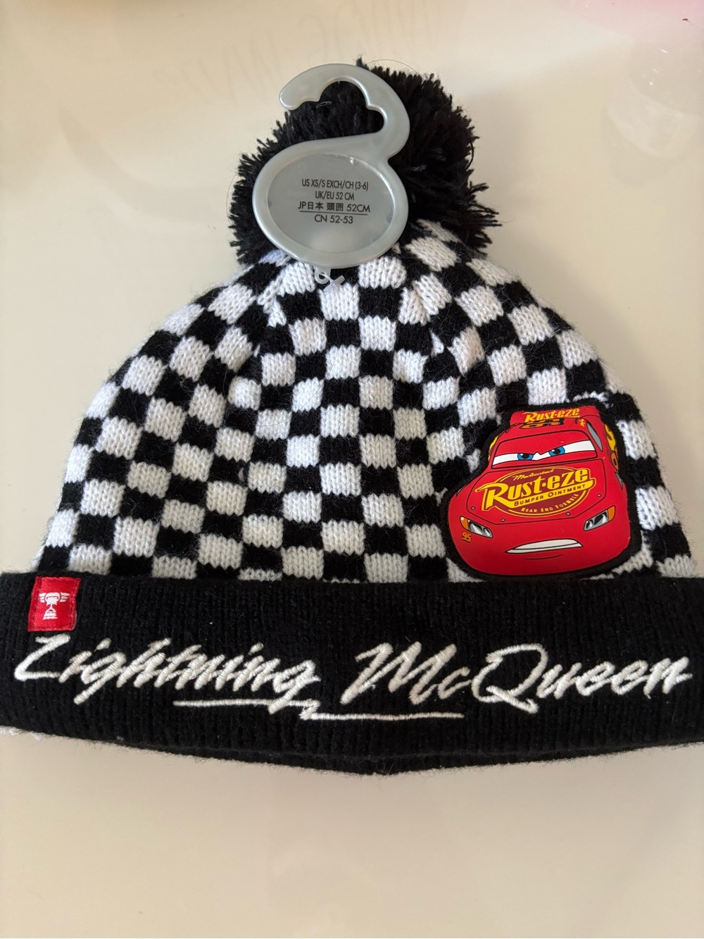 Disney Lightning McQueen Black & White Checkered Pom Beanie